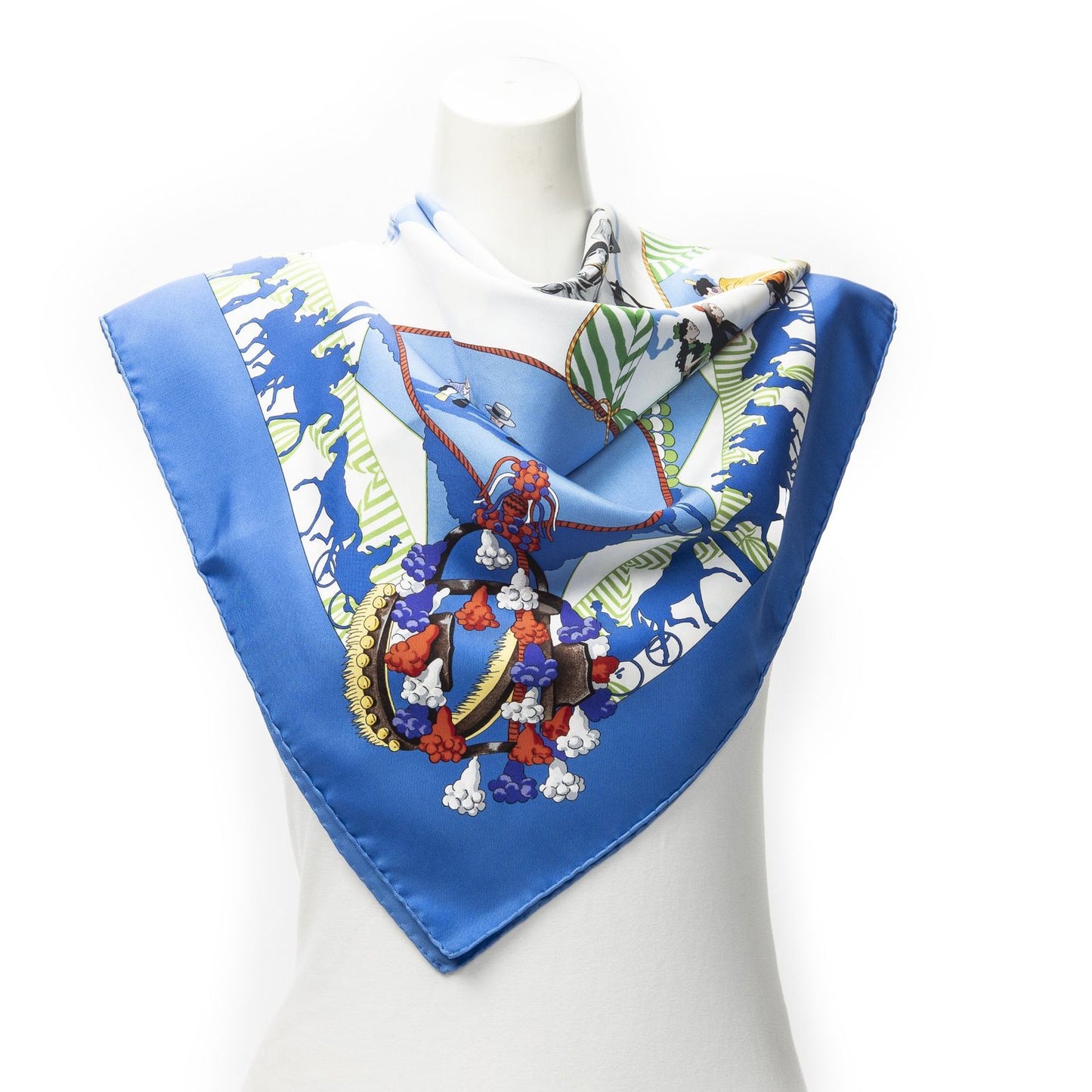 Hermes Scarf Blue White Green 100% Twillsilk