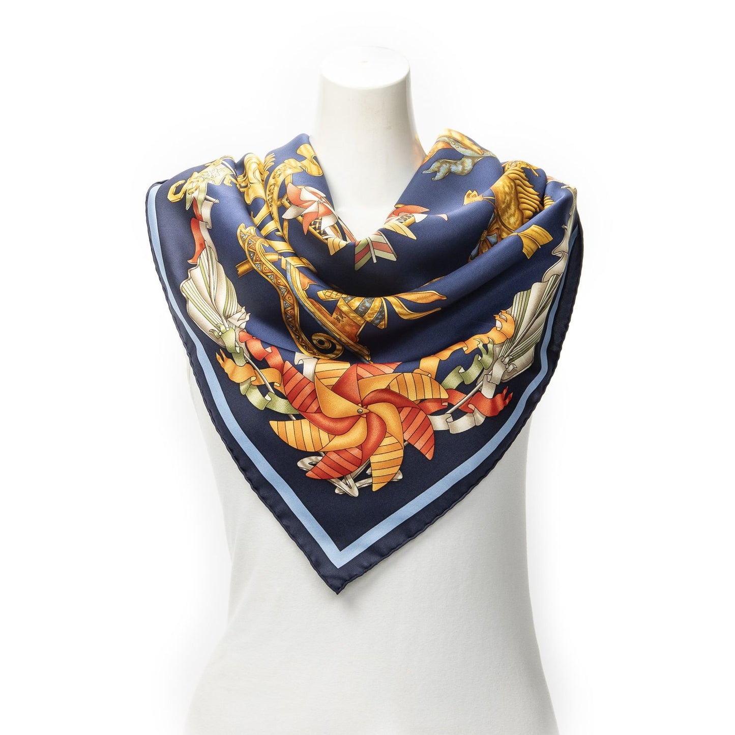 Hermes Scarf Navy Gold Red Silk