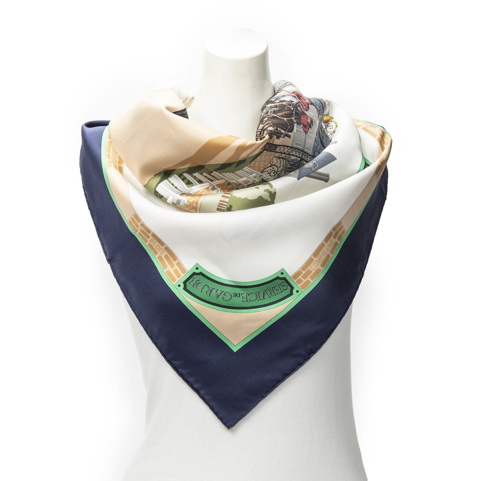 Hermes Scarf Navy Green Beige Silk