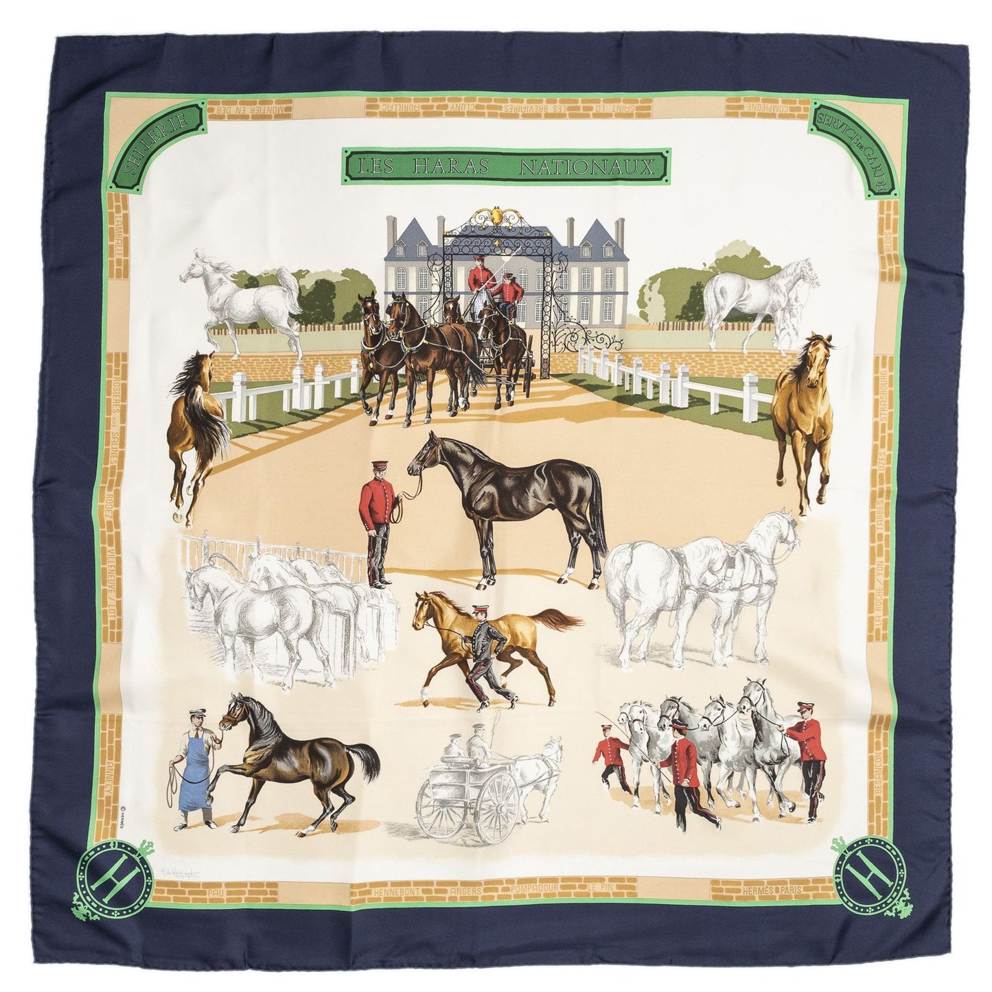 Hermes Scarf Navy Green Beige Silk — view 2