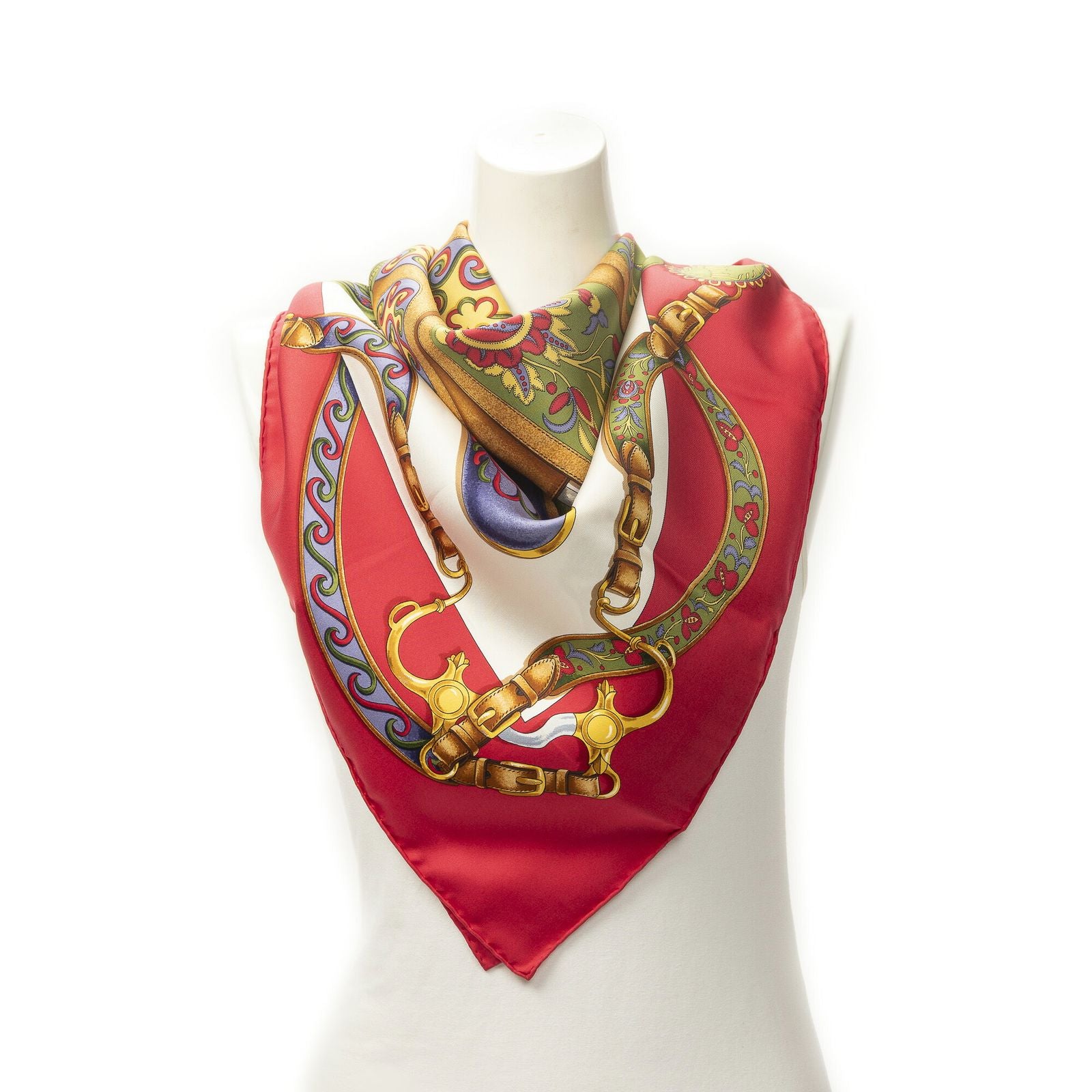 Hermes Scarf Red White 100% Twillsilk