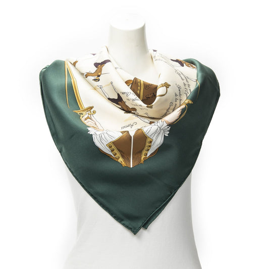 Hermes Scarf Green Beige 100% Twillsilk