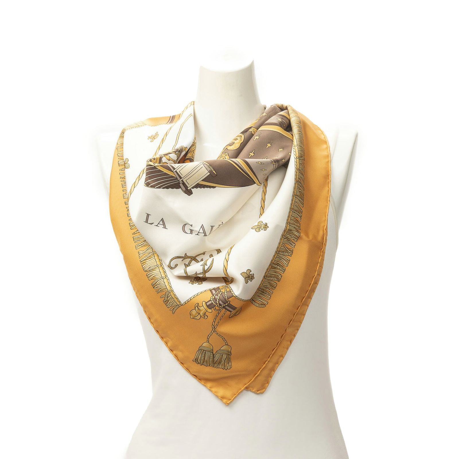 Hermes Scarf Orange White Brown 100% Twillsilk