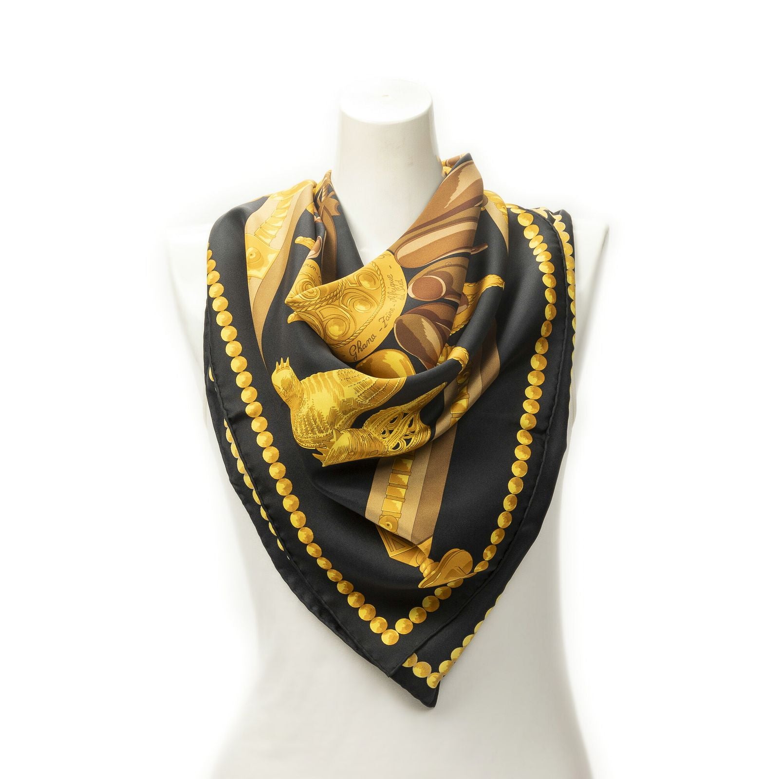 Hermes Scarf Black Gold Brown 100% Twillsilk
