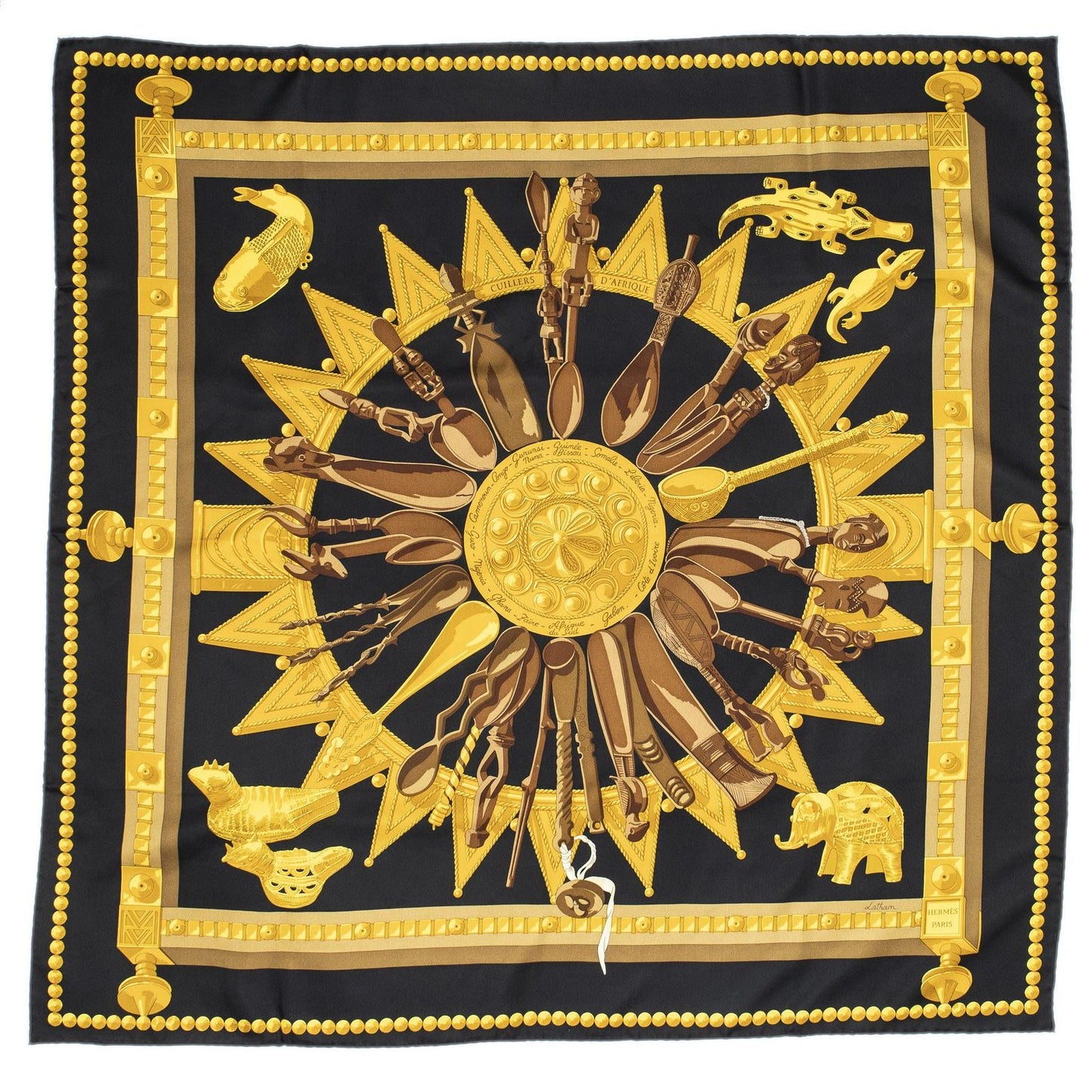 Hermes Scarf Black Gold Brown 100% Twillsilk — view 2