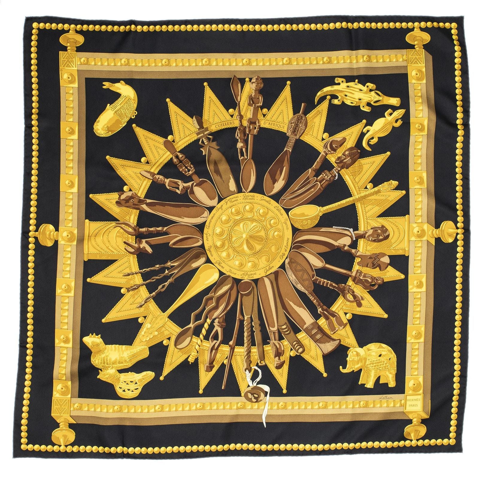 Hermes Scarf Black Gold Brown 100% Twillsilk — view 2
