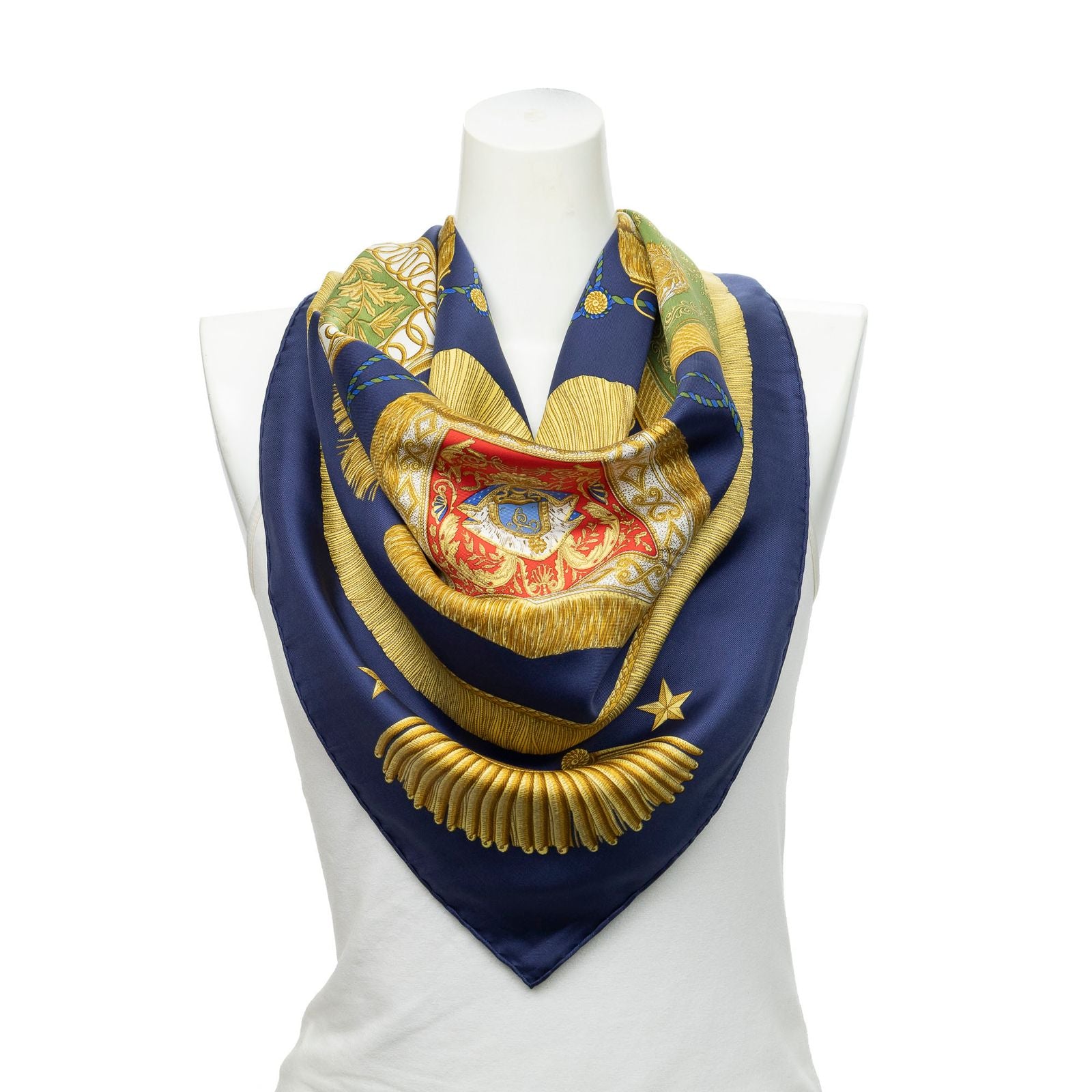 Hermes Scarf Navy Gold Red Silk