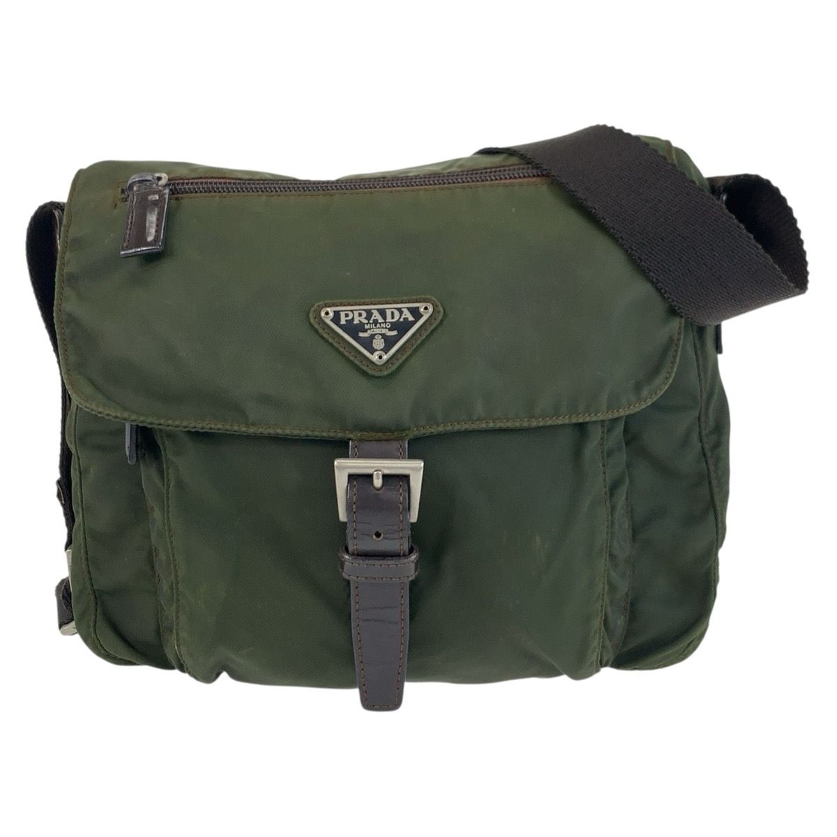 Prada Tessuto Trianglelogo Plate Khaki Silver Nylon Shoulder Bag Pochette