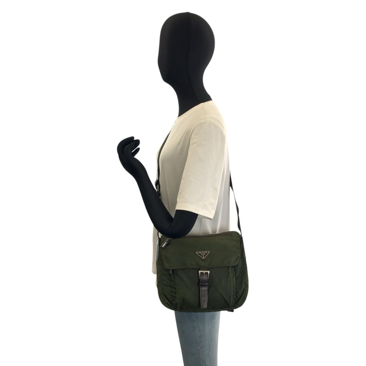 Prada Tessuto Trianglelogo Plate Khaki Silver Nylon Shoulder Bag Pochette — view 7