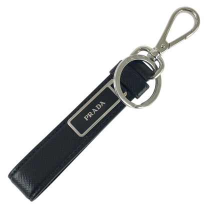 Prada Saffiano Black Silver Leather Keyring Key Holder