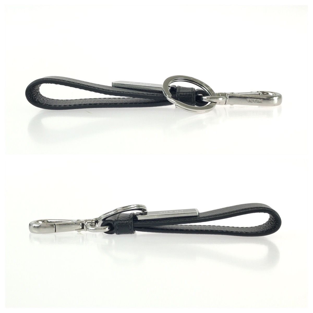 Prada Saffiano Black Silver Leather Keyring Key Holder — view 3