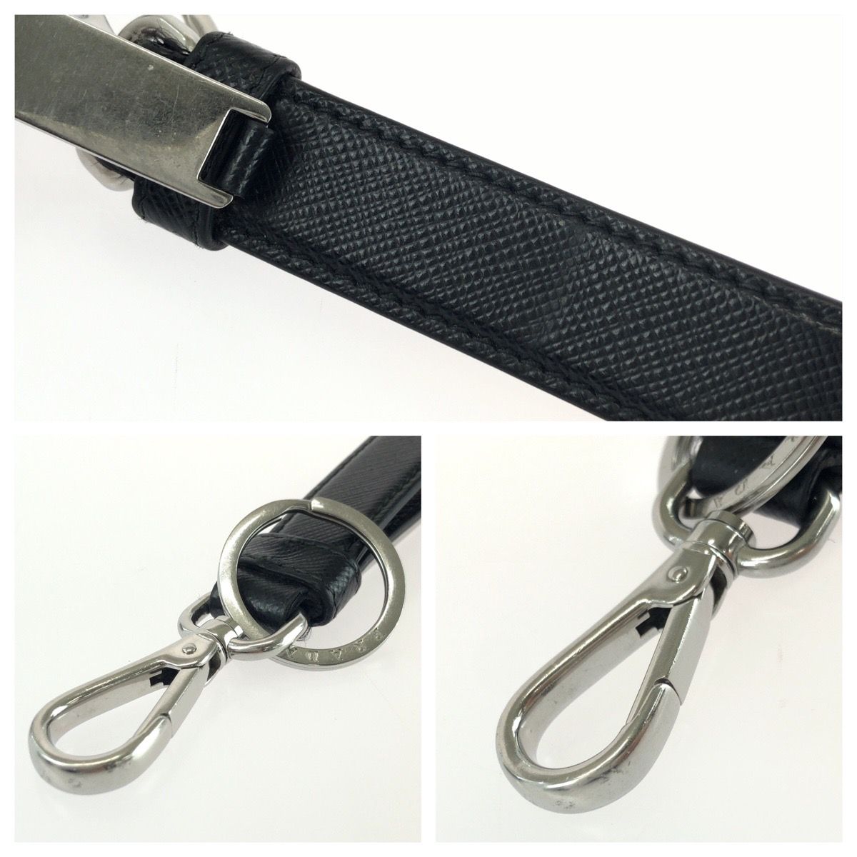 Prada Saffiano Black Silver Leather Keyring Key Holder — view 5