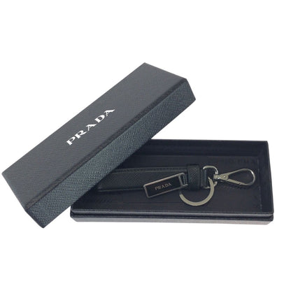 Prada Saffiano Black Silver Leather Keyring Key Holder — view 6