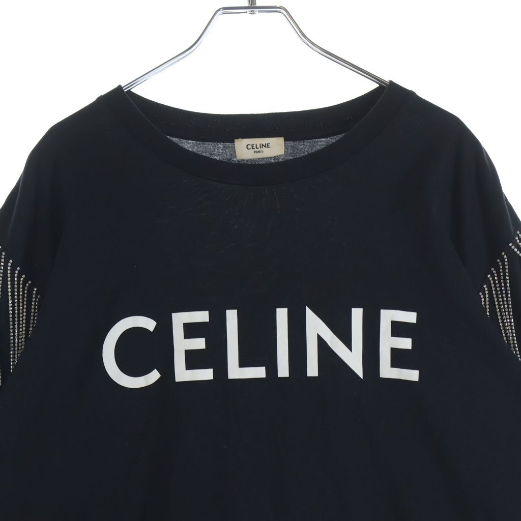 Celine Logo Print Rhinestone Short Sleeve Crew Neck T-Shirt Black — view 3