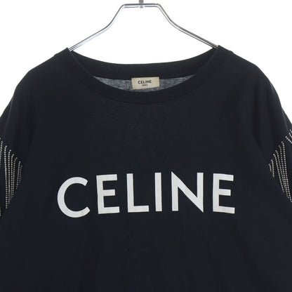 Celine Logo Print Rhinestone Short Sleeve Crew Neck T-Shirt Black — view 3