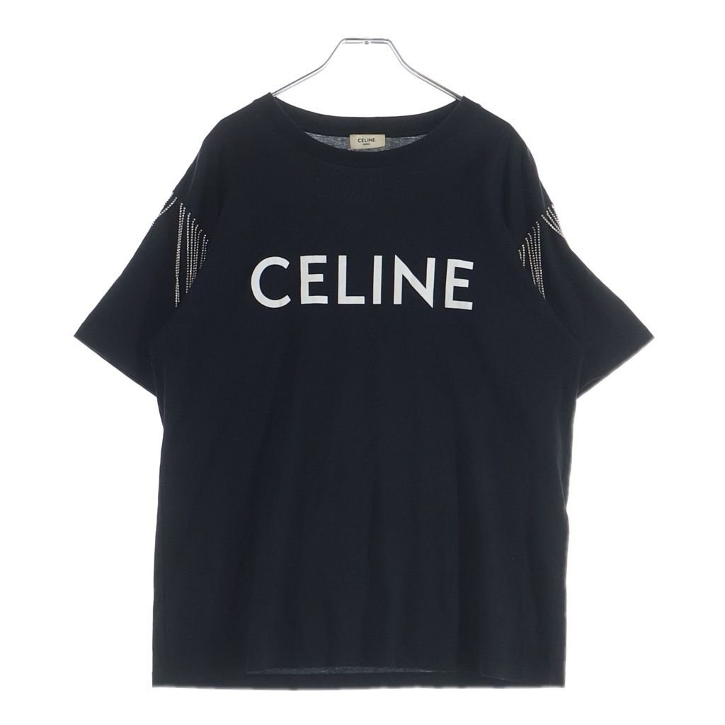 Celine Logo Print Rhinestone Short Sleeve Crew Neck T-Shirt Black