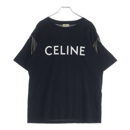 Celine Logo Print Rhinestone Short Sleeve Crew Neck T-Shirt Black