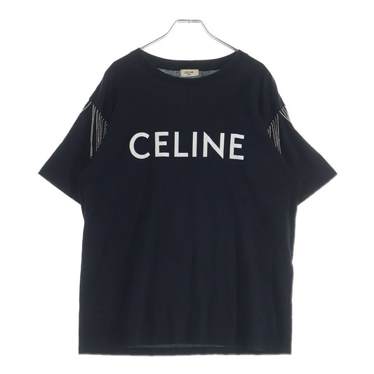 Celine Logo Print Rhinestone Short Sleeve Crew Neck T-Shirt Black