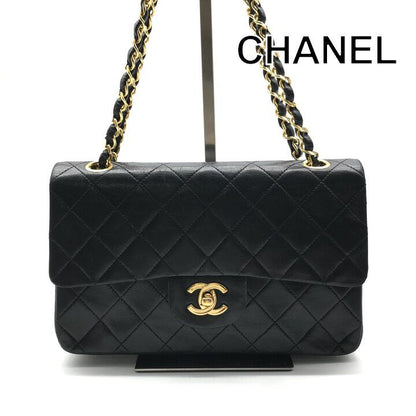 Chanel CC Logo Quilted Lambskin Chain Shoulder Bag Double Flap Black