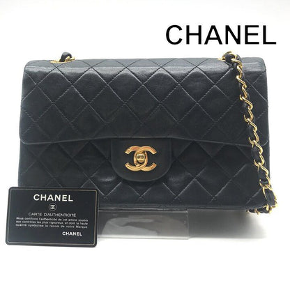 Chanel CC Logo Quilted Double Flap Lambskin Turnlock Chain Shoulder Bag Black