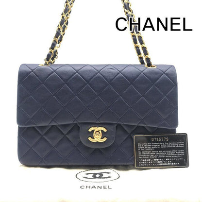 Chanel CC Logo Quilted Double Flap Lambskin Turnlock Chain Shoulder Bag Navy