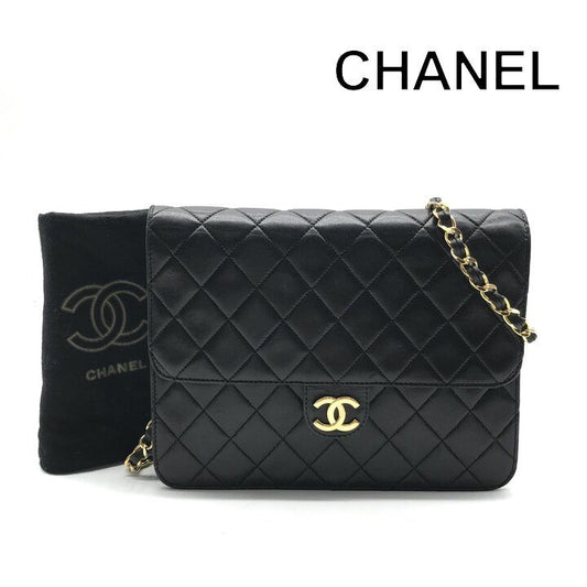 Chanel CC Logo Lambskin Leather Chain Shoulder Bag Black Push Lock
