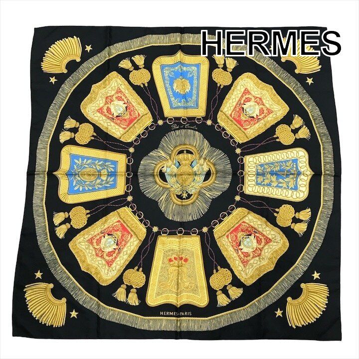 Hermes Silk Scarf Carre 90 Saber Decoration Bag Military Uniform Motif Black