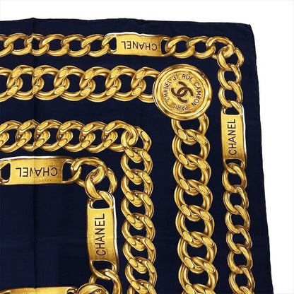 Chanel CC Logo Large Scarf Chain Motif Navy Silk — view 3