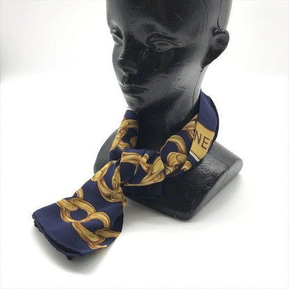 Chanel CC Logo Large Scarf Chain Motif Navy Silk — view 9