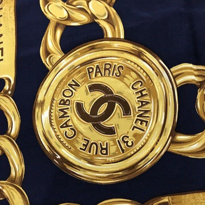Chanel CC Logo Large Scarf Chain Motif Navy Silk — view 8