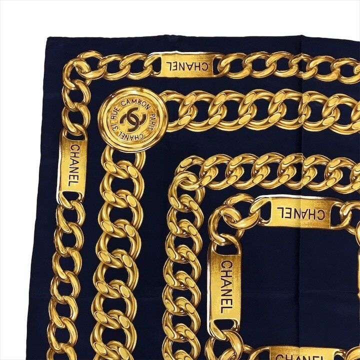 Chanel CC Logo Large Scarf Chain Motif Navy Silk — view 4