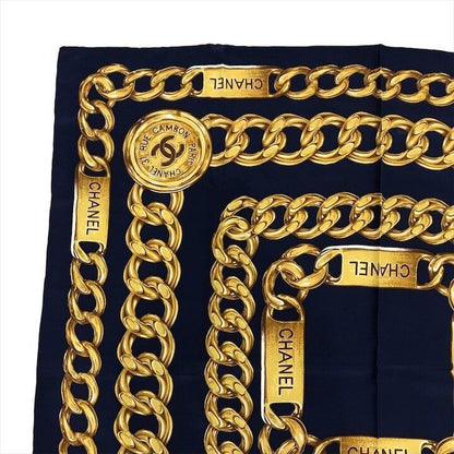Chanel CC Logo Large Scarf Chain Motif Navy Silk — view 4
