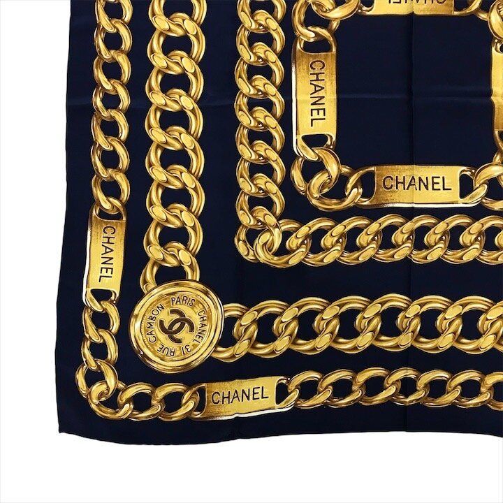 Chanel CC Logo Large Scarf Chain Motif Navy Silk — view 6