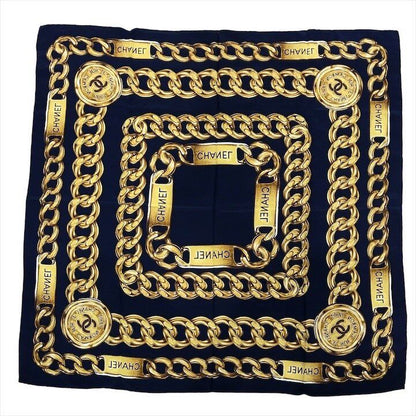 Chanel CC Logo Large Scarf Chain Motif Navy Silk — view 2