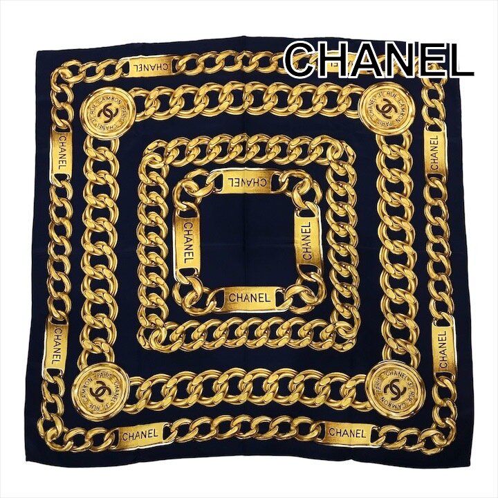 Chanel CC Logo Large Scarf Chain Motif Navy Silk
