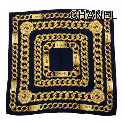 Chanel CC Logo Large Scarf Chain Motif Navy Silk