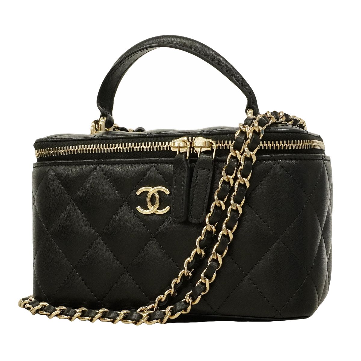 Chanel Vanity Bag Quilted Lambskin Black Chien Panning Gold 2-Way