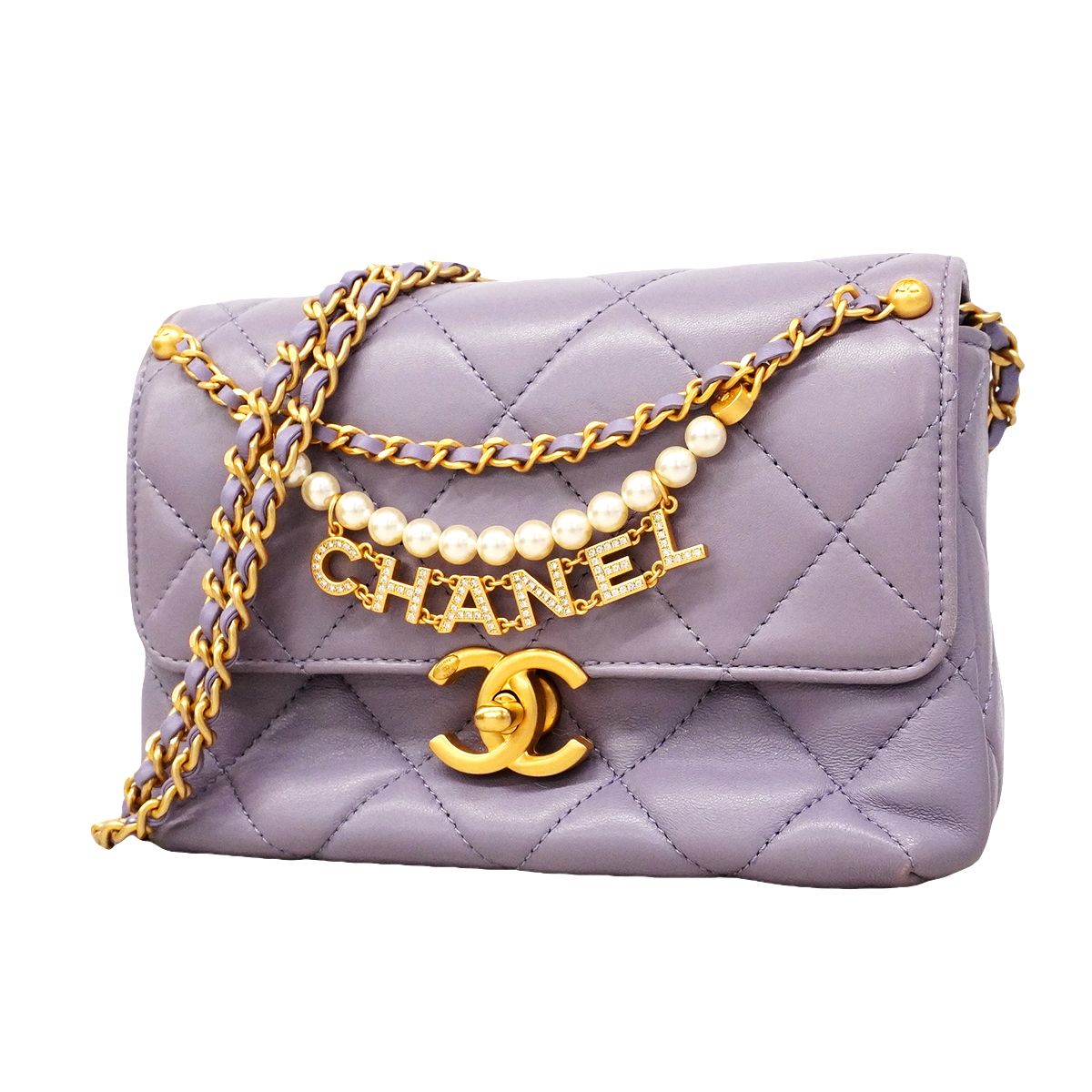 Chanel Shoulder Bag Quilted Lambskin Purple Gold
