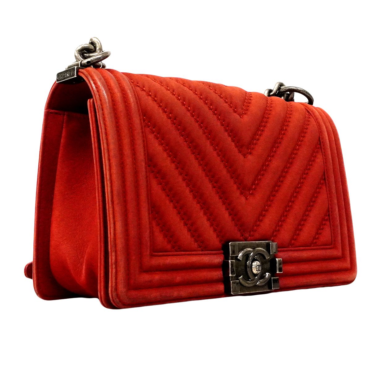 Chanel Shoulder Bag Boy Stitch Leather Red Silver — view 2