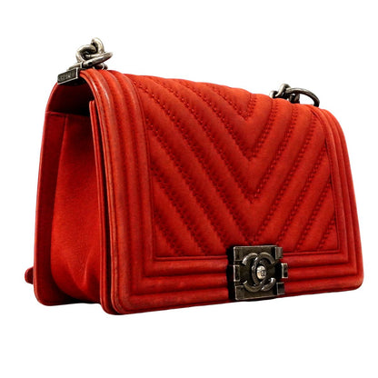Chanel Shoulder Bag Boy Stitch Leather Red Silver — view 2