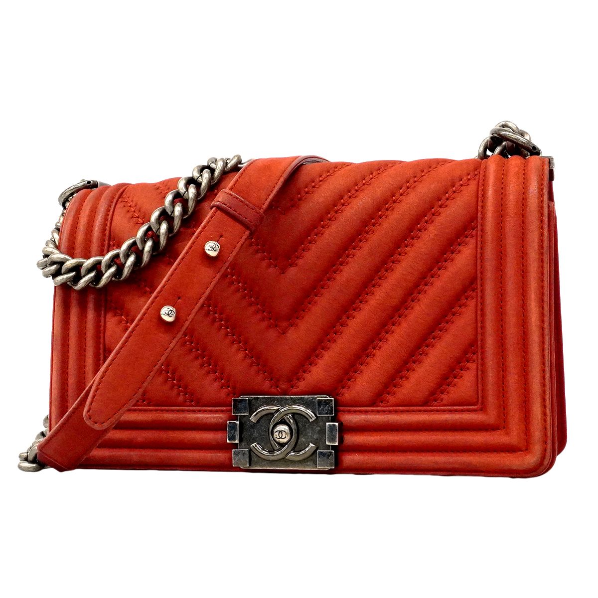 Chanel Shoulder Bag Boy Stitch Leather Red Silver