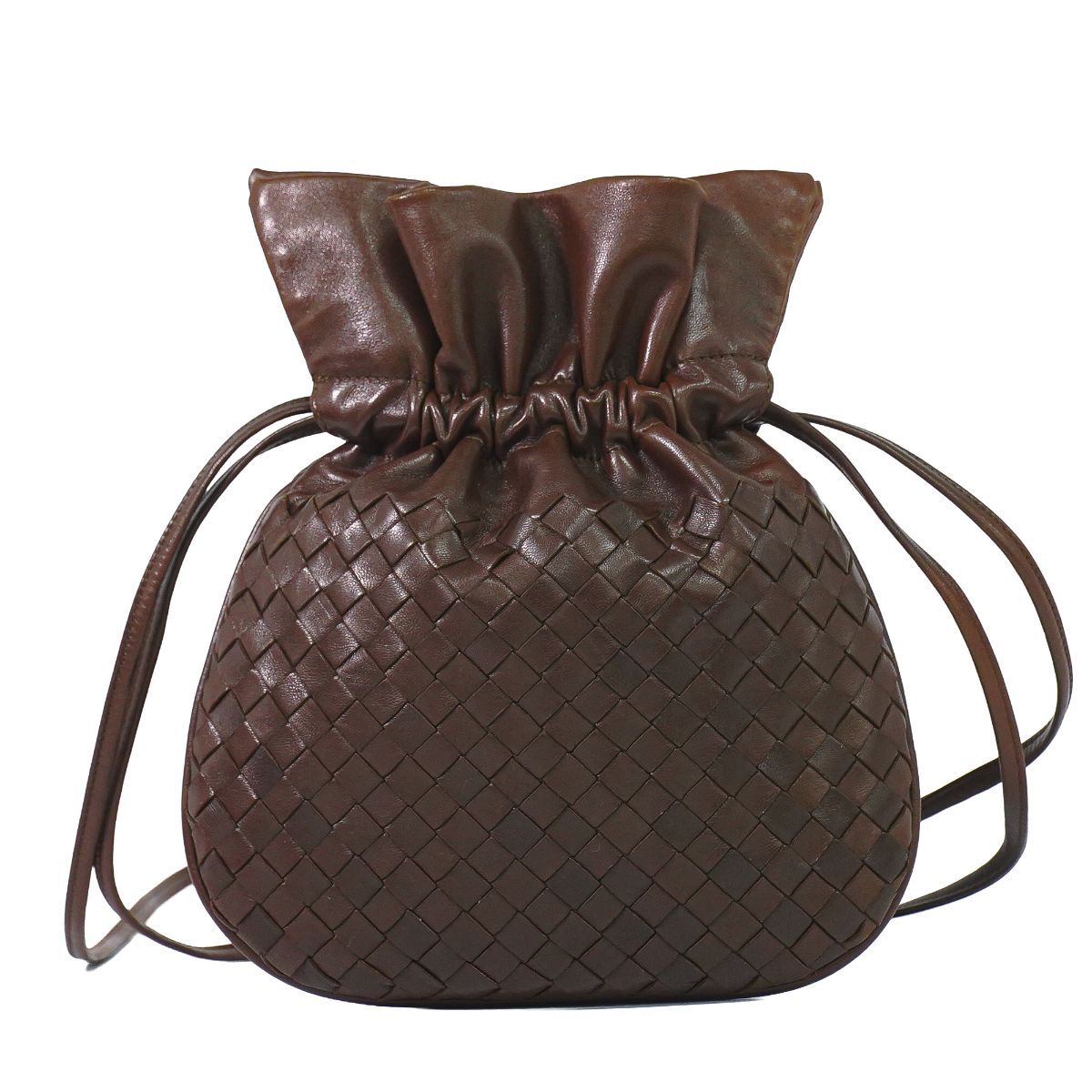 Bottega Veneta Intrecciato Drawstring Shoulder Bag Pochette Leather Brown Second