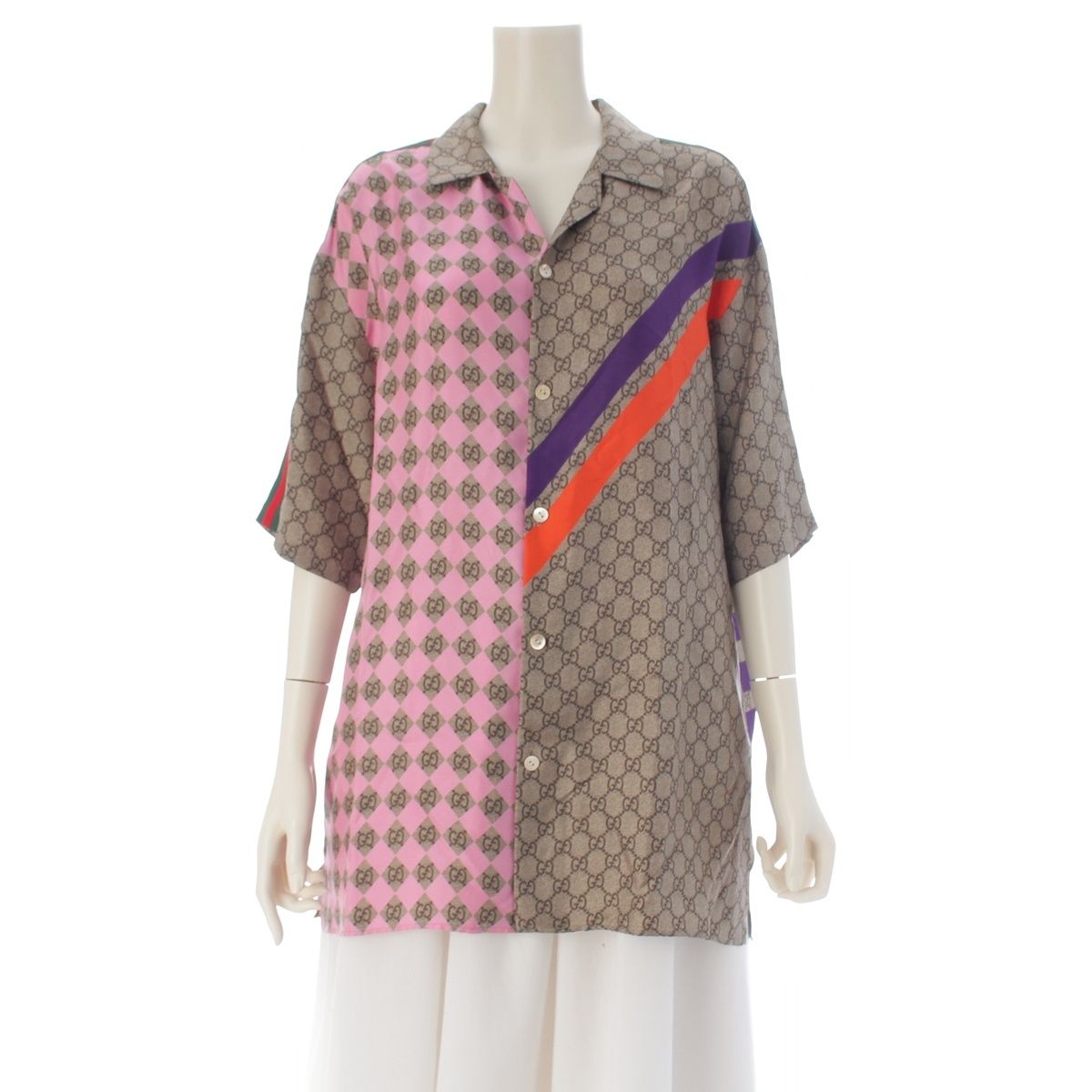 Gucci Silk Sherry Line GG Pattern Open Collar Color Short Sleeve Shirt