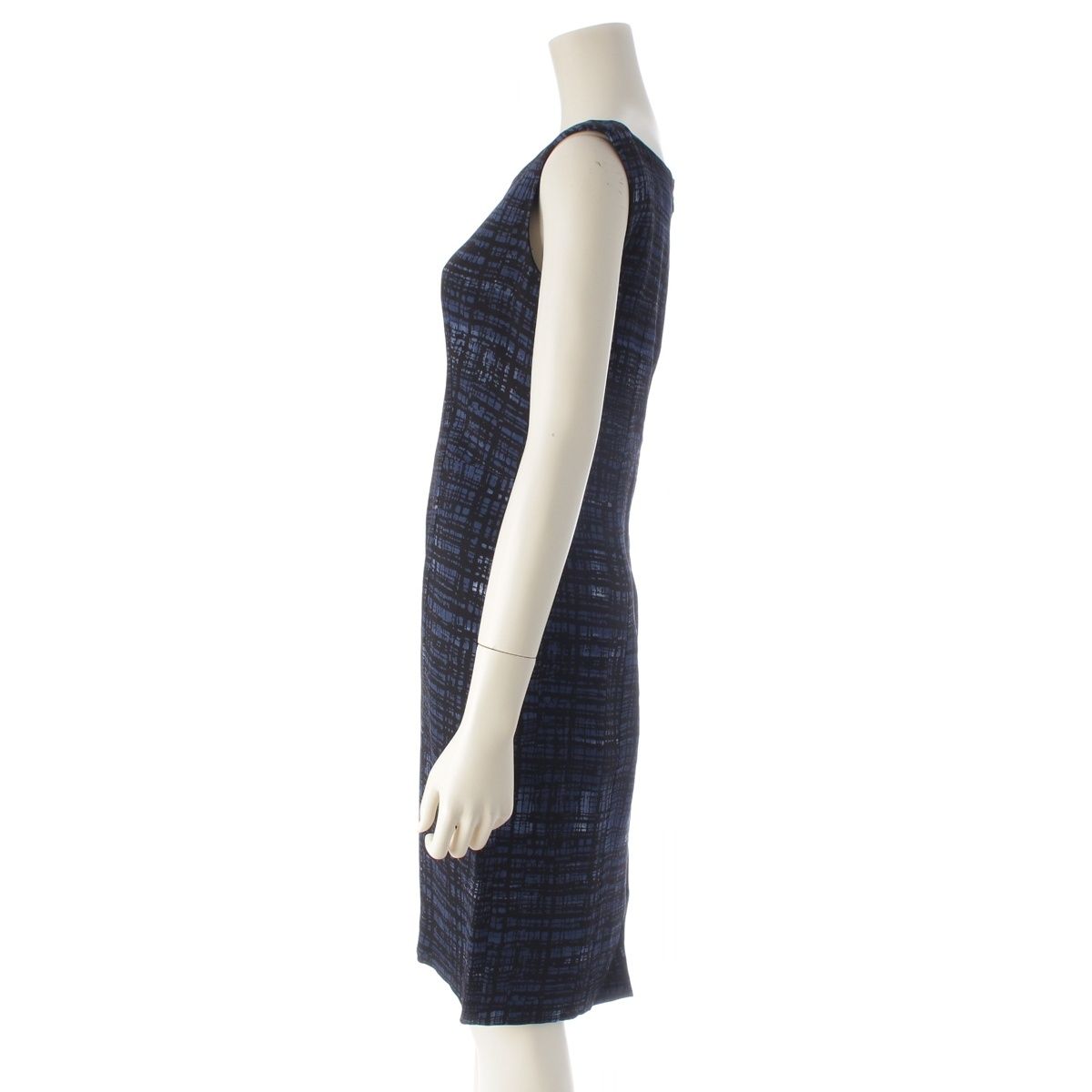Prada Silk Archive Check Graphic All Over Pattern Sleeveless Dress Blue Black — view 3
