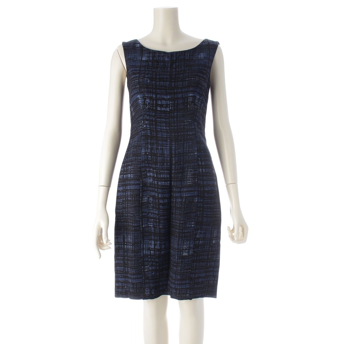 Prada Silk Archive Check Graphic All Over Pattern Sleeveless Dress Blue Black