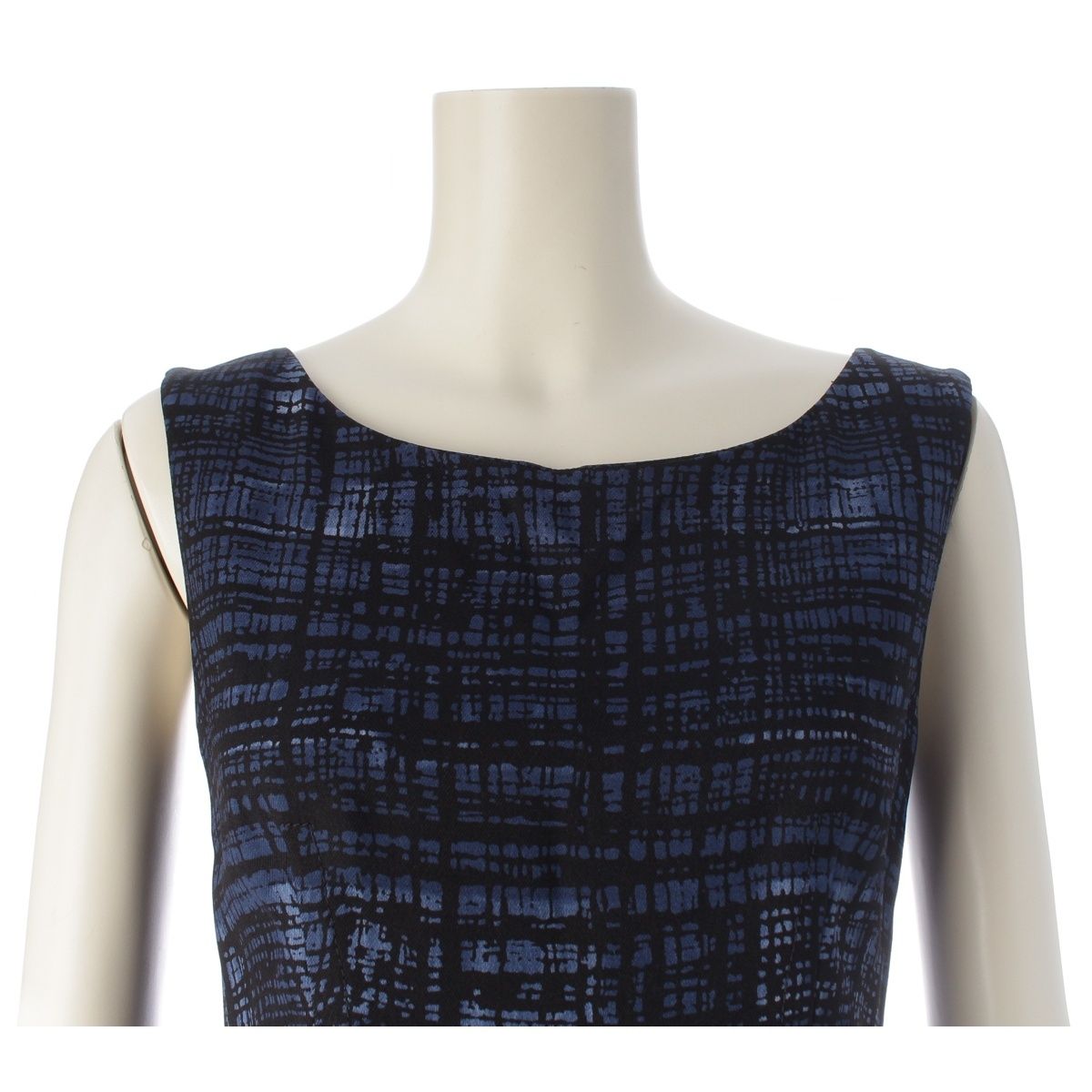 Prada Silk Archive Check Graphic All Over Pattern Sleeveless Dress Blue Black — view 5