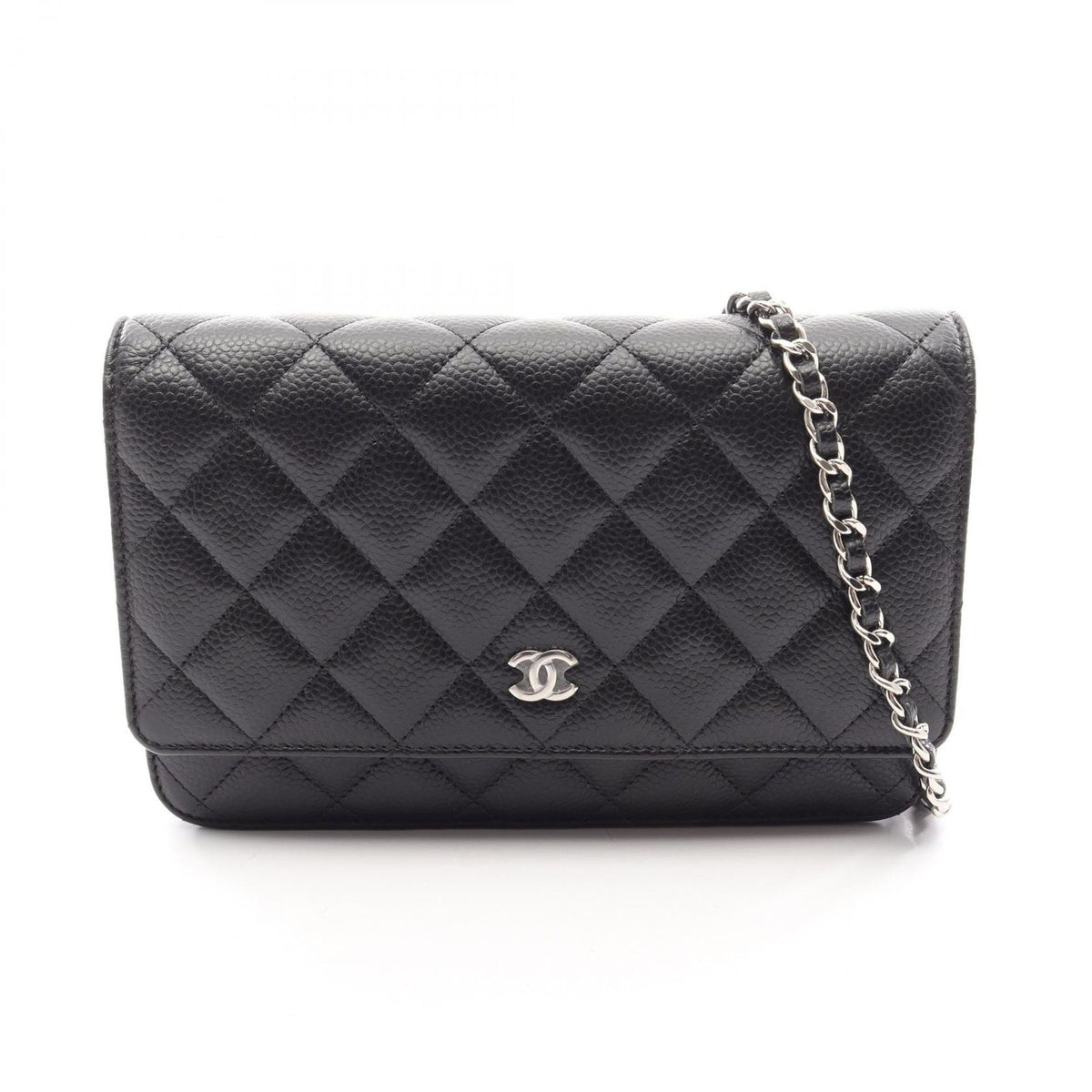 Chanel Shoulder Bag Quilted Black Caviar Leather Chain Wallet