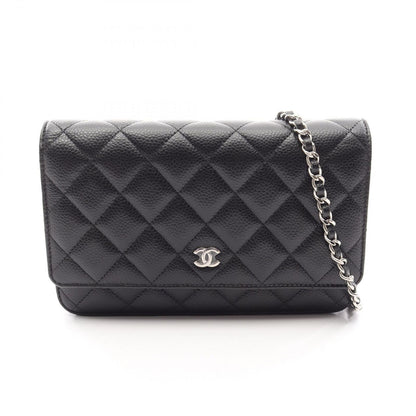 Chanel Shoulder Bag Quilted Black Caviar Leather Chain Wallet