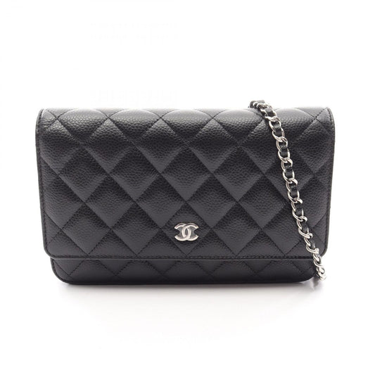 Chanel Shoulder Bag Quilted Black Caviar Leather Chain Wallet