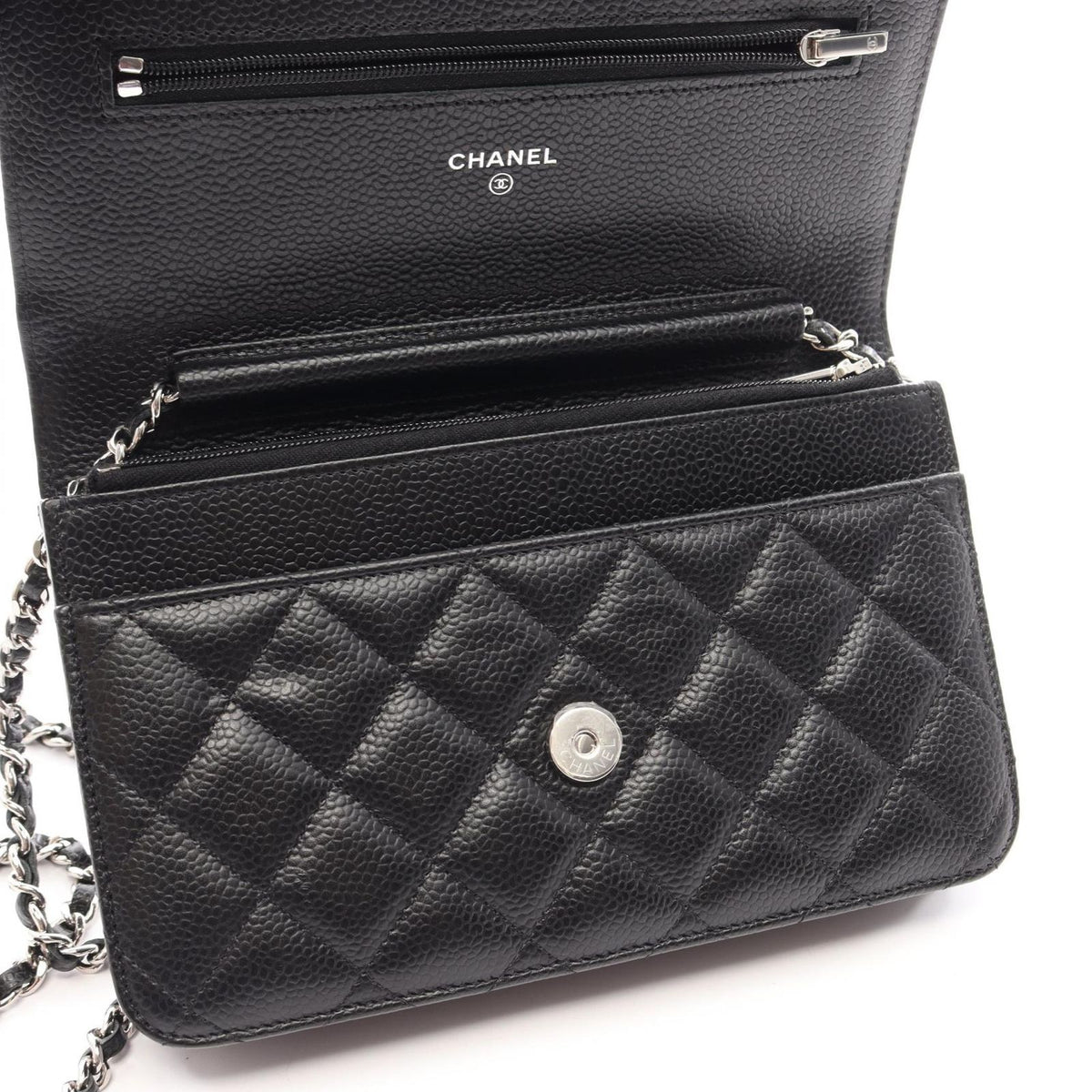Chanel Shoulder Bag Quilted Black Caviar Leather Chain Wallet — view 8